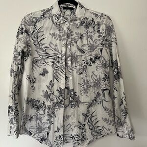 Tahari Black and White Button Down Shirt with Botanical Design